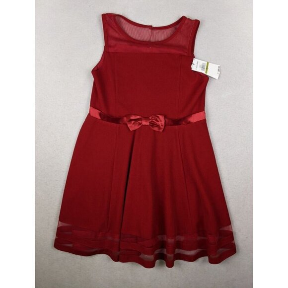 Calvin Klein Girls Illusion Mesh Bow Dress Red Formal Holiday Size 14.5 New - Picture 1 of 7